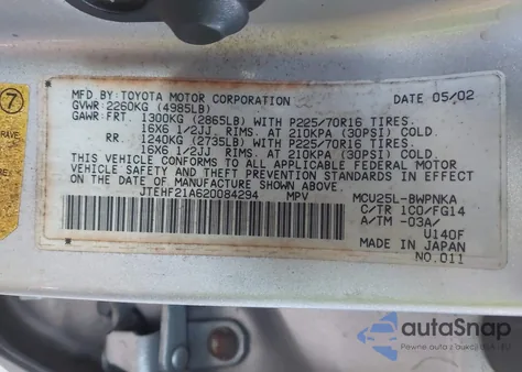 2002 Toyota Highlander V6 из США, поврежденный, VIN JTEHF21A620084294